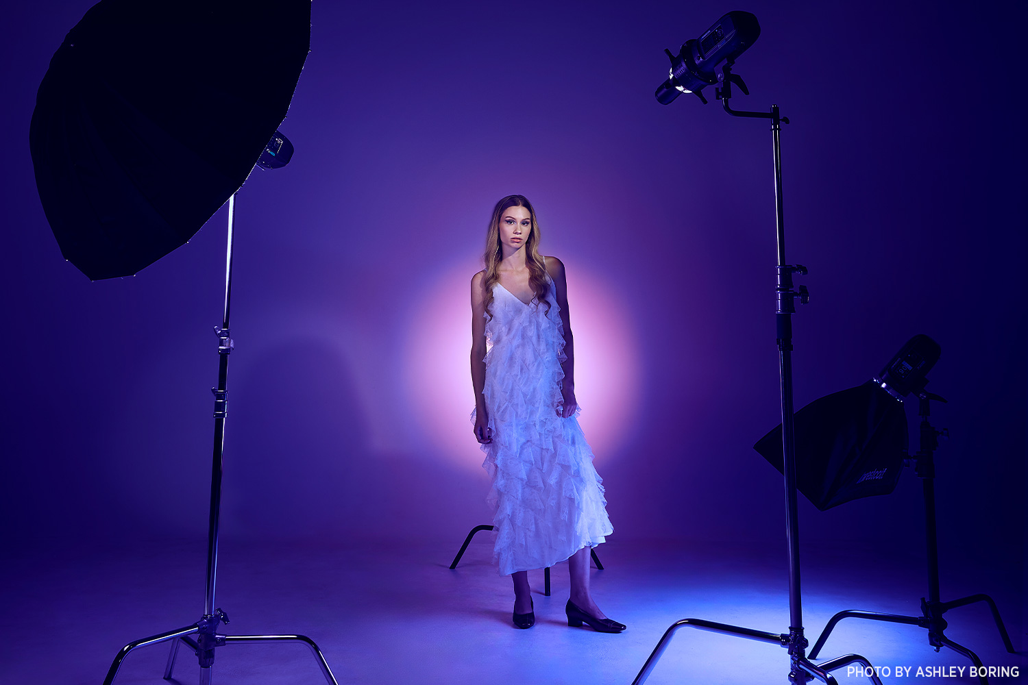 Behind the scenes shot showing FlexiGels and the Optical Spot used together for creative lighting effects.