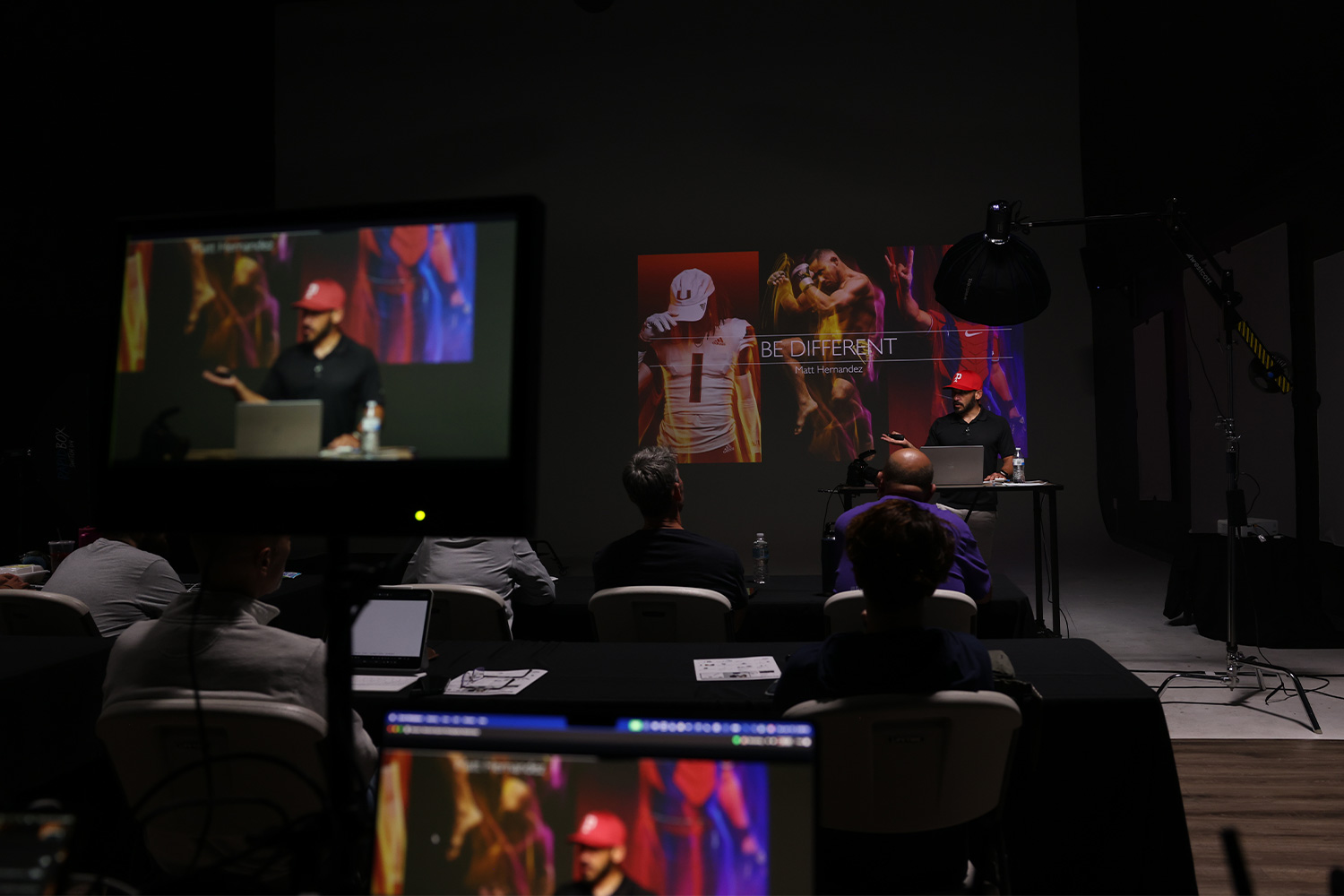 Behind the scenes of the Sports Masterclass teaching dramatic lighting for athlete portraits.