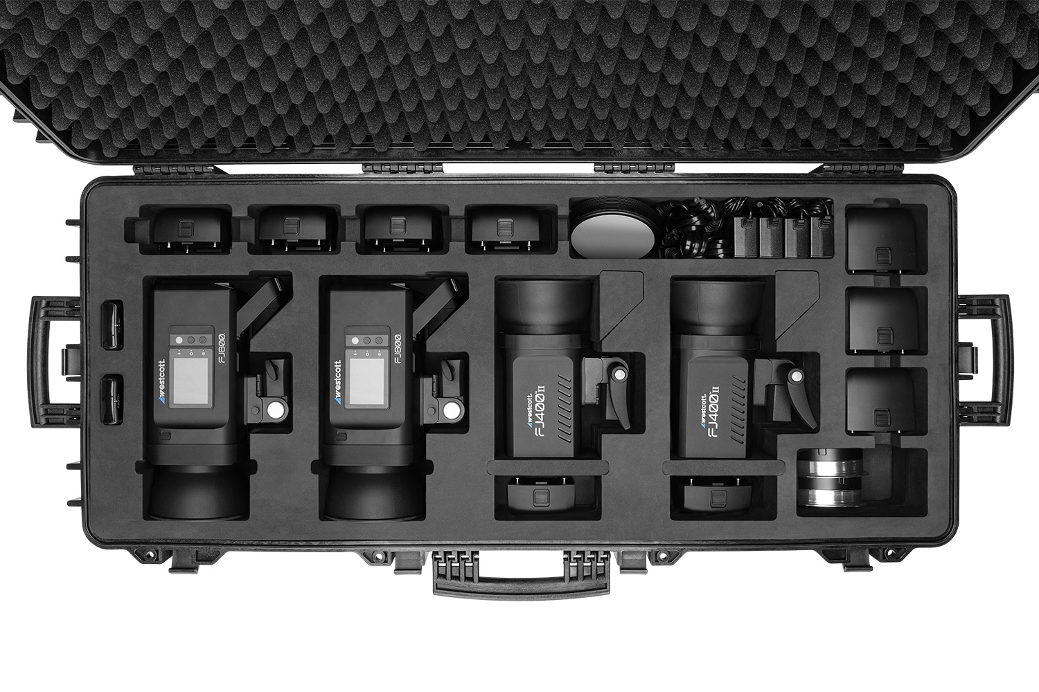 Open Westcott Rolling Hard Case showing four strobes and lighting accessories stored securely