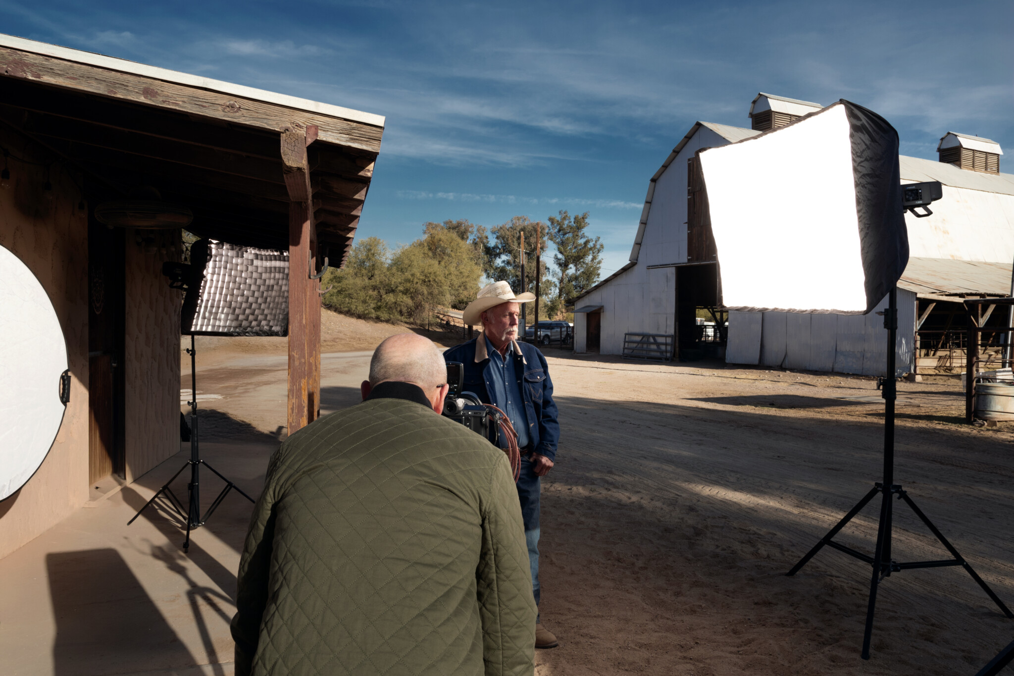 Behind the scenes lighting setup with Joel Grimes Behind the scenes photographer taking pictures of older man in a white hat