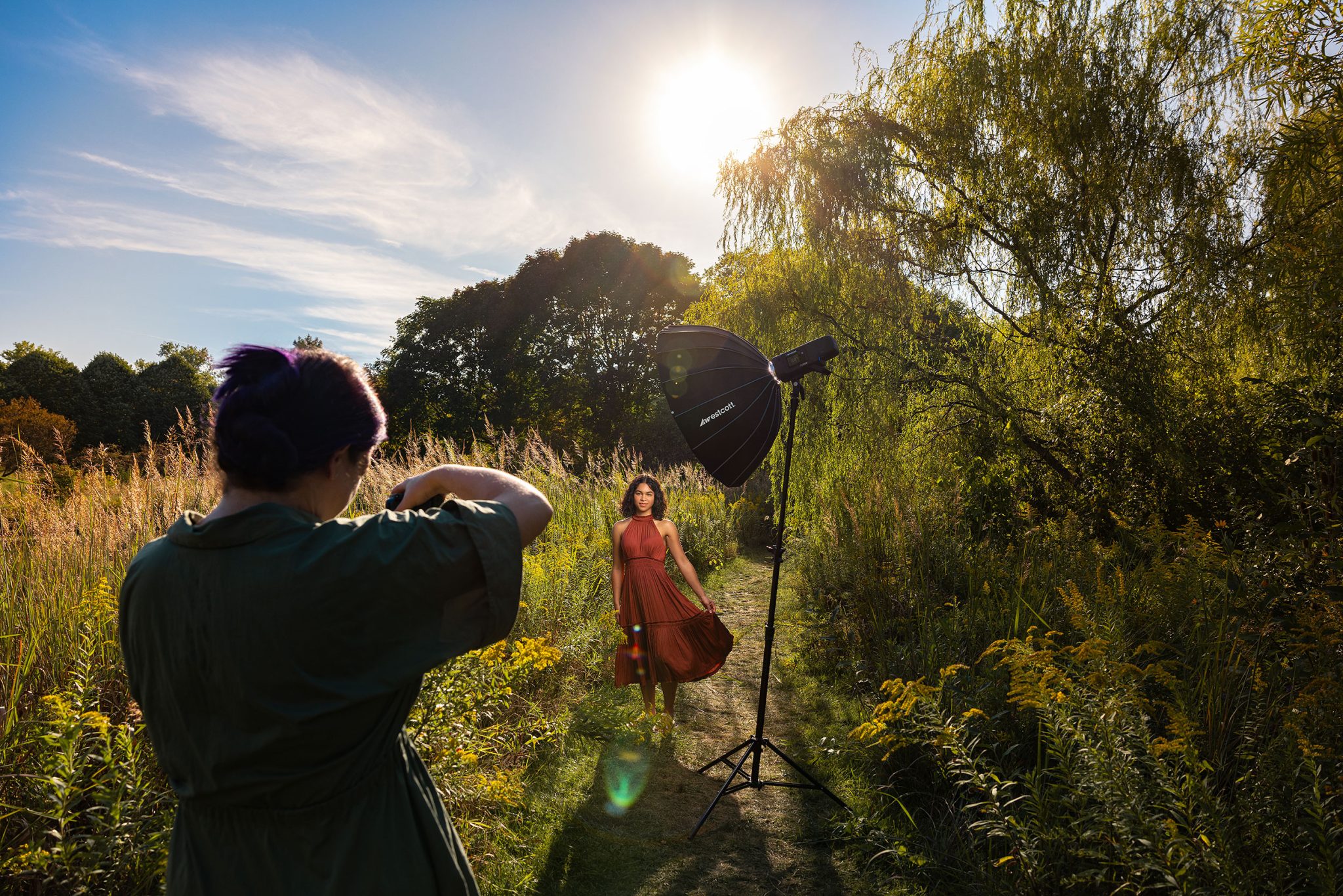 Lighting setup showing how the FJ800 and beauty dish work with the backlit sun to create soft, flattering portrait light.