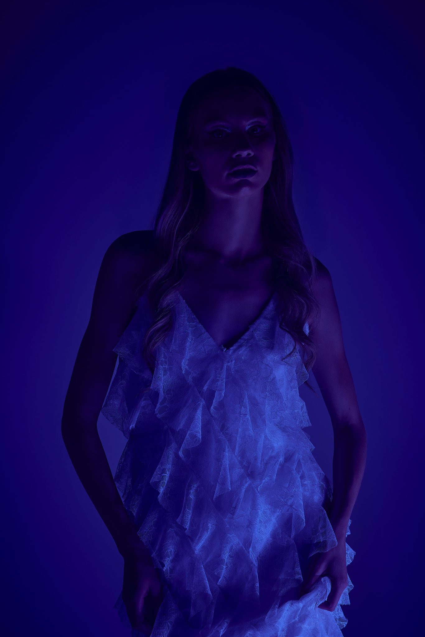 Blue bounce only using FJ400 with Vivid Blue FlexiGel and 1x3 Rapid Box model shot with gelled light