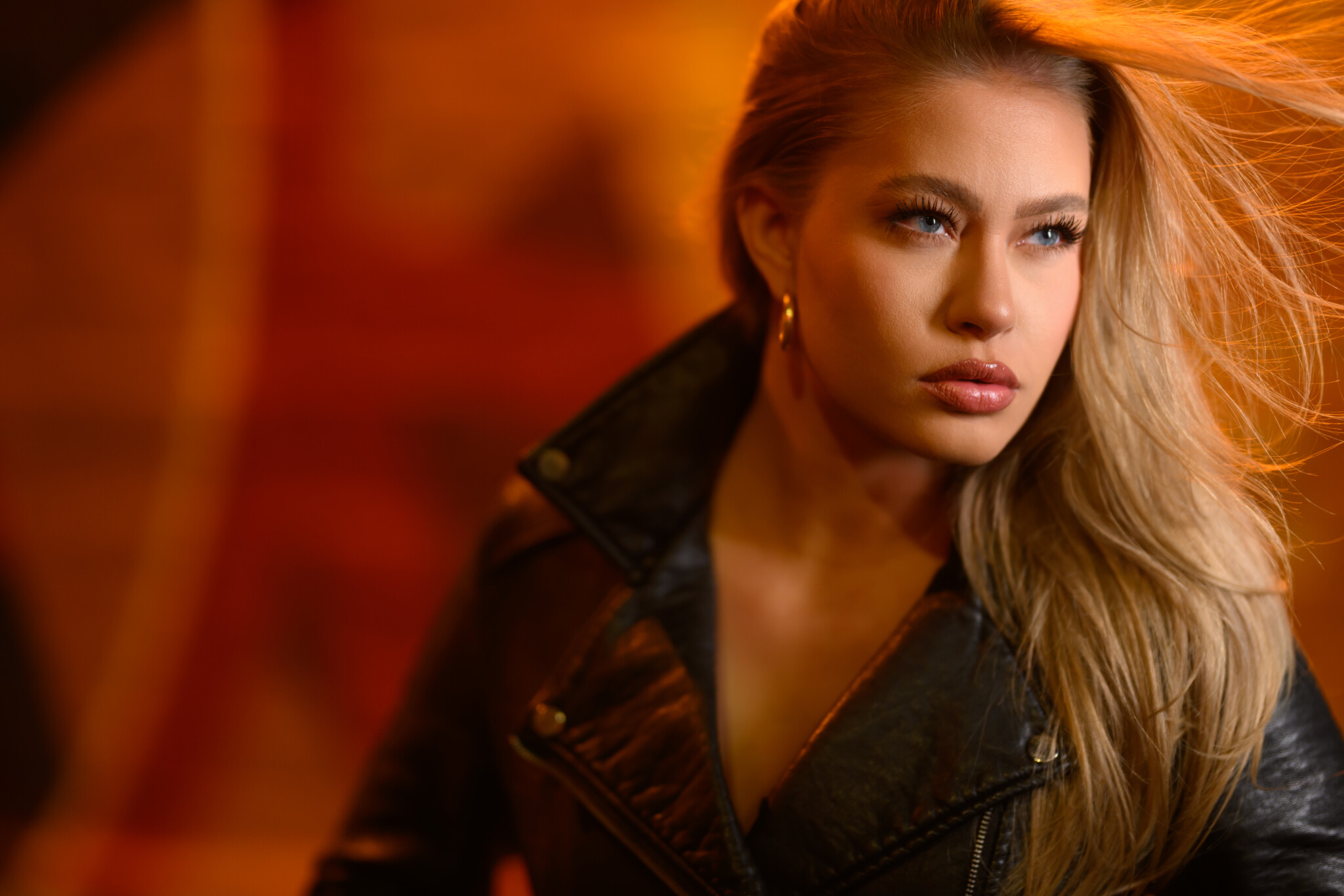 Woman with blond hair flowing in the wind