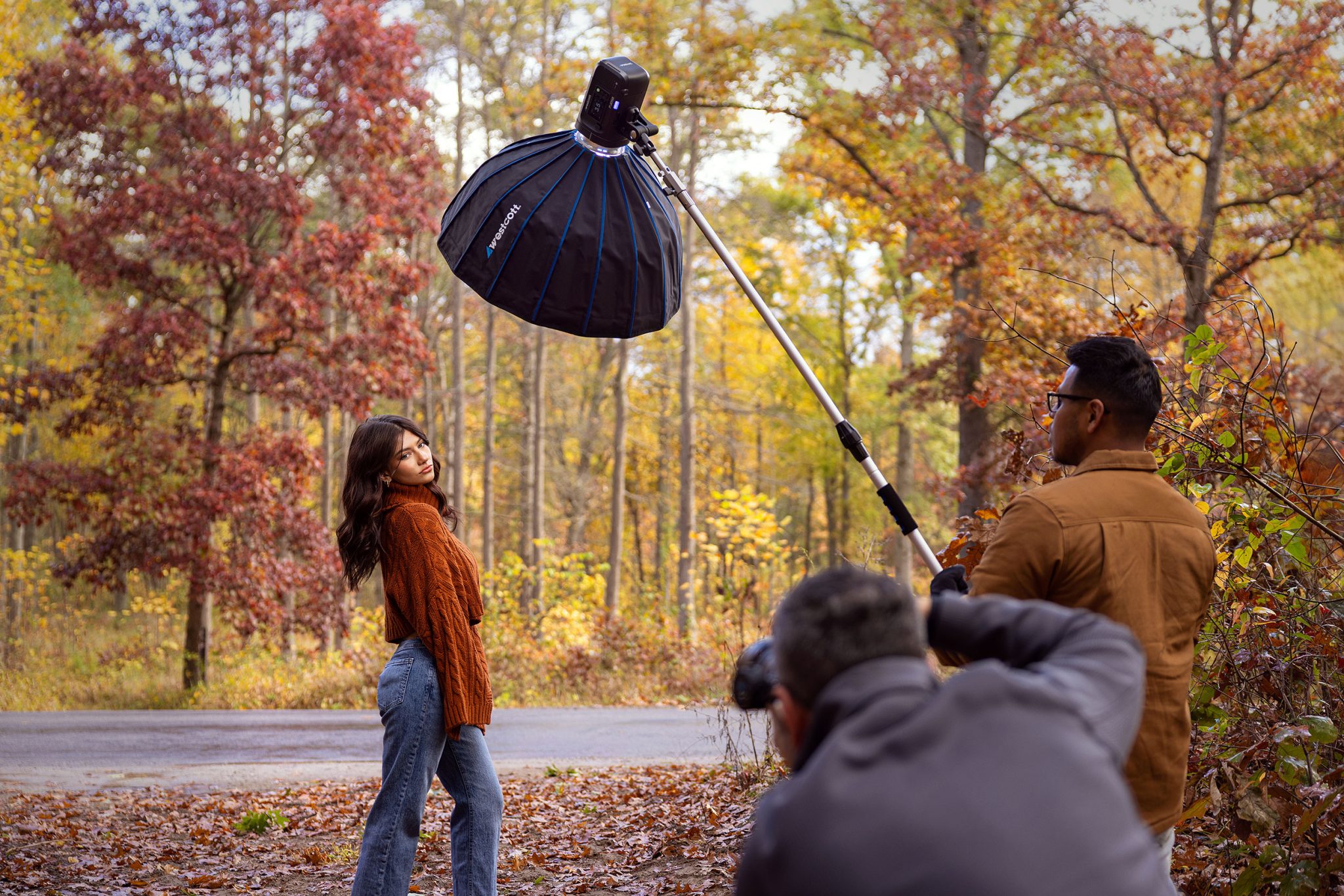 Behind the scenes of a portable outdoor portrait setup with the FJ250 and 24” Rapid Box Switch Beauty Dish