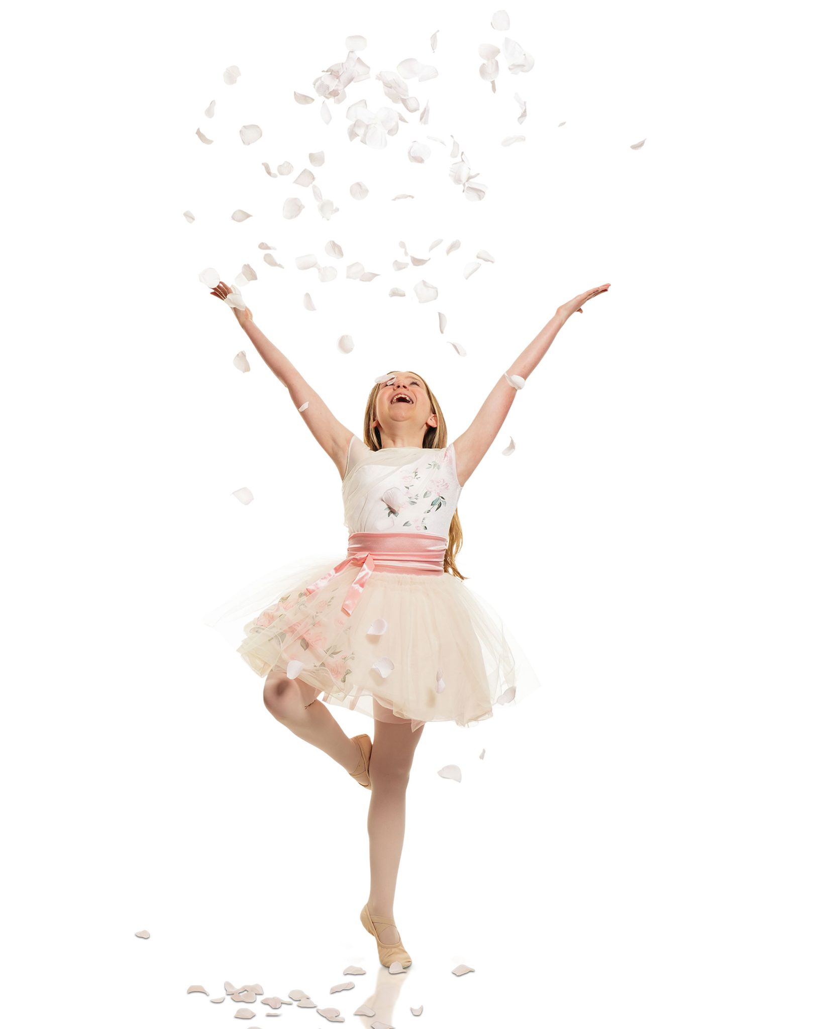 Westcott FJ Wireless Creative Mask Frame 2 - Full-body studio portrait of a dancer tossing flowers girl dancing