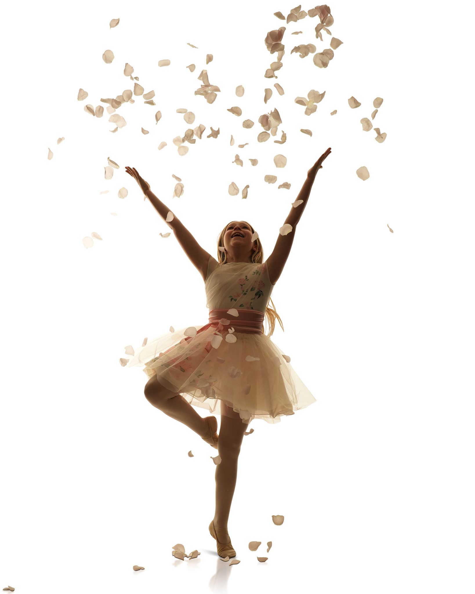 Westcott FJ Wireless Creative Mask Frame 2 - Full-body studio portrait of a dancer tossing flowers girl dancing
