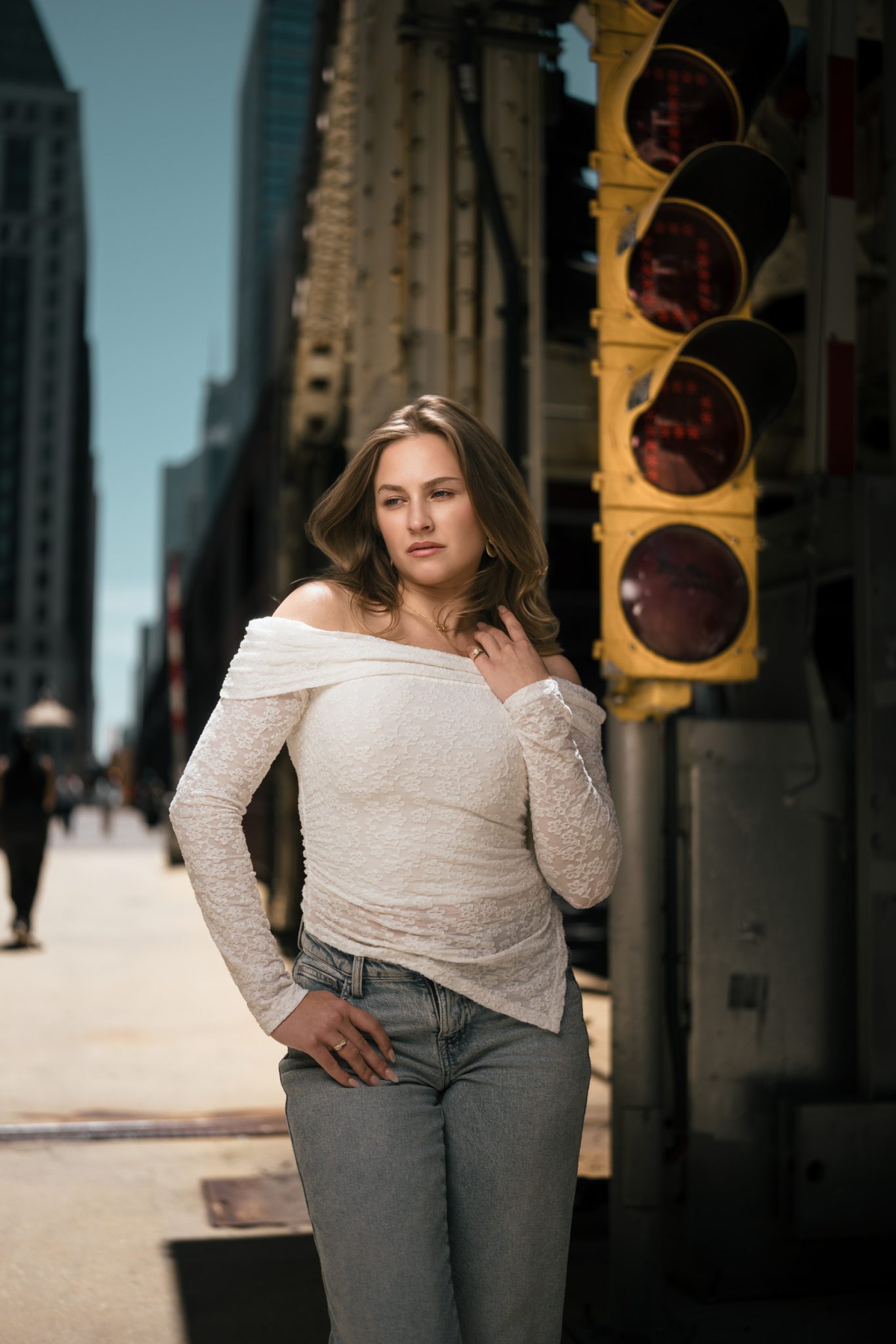 Closeup portrait uses the city backdrop for a more intentional composition.
