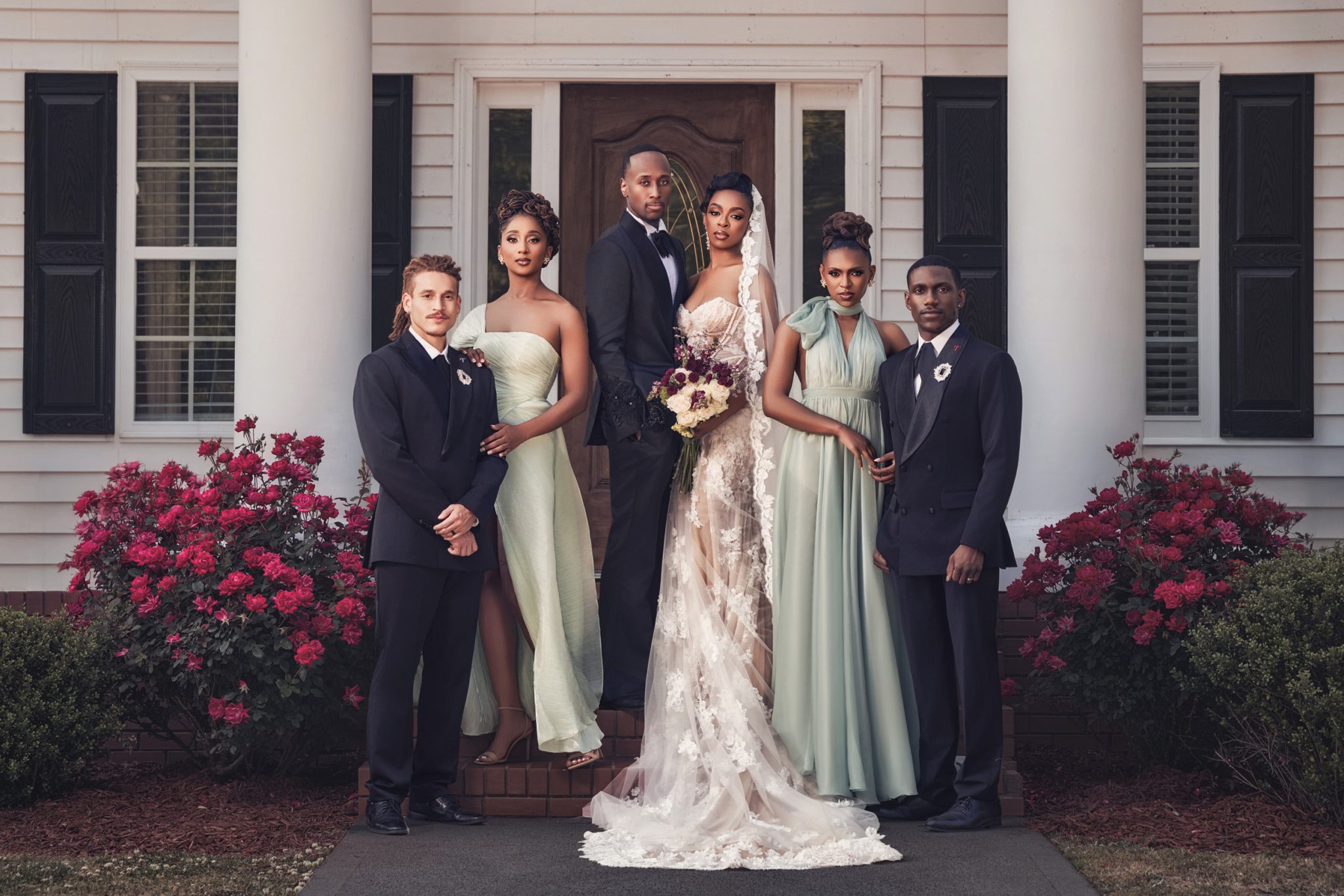 Bridal party with natural posing and no gaps between subjects.
