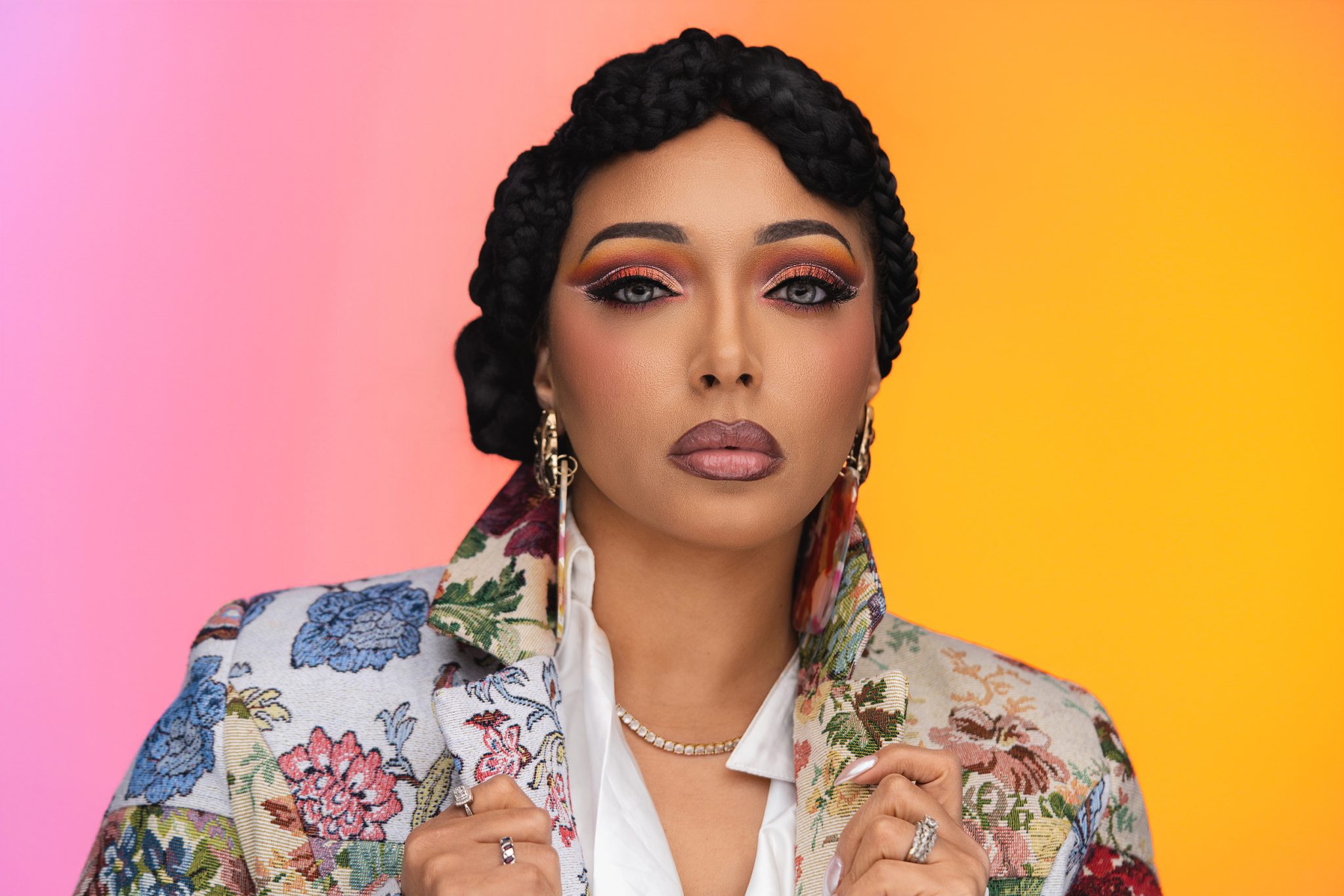 Final beauty portrait combining colorful gels, soft key light, and reflective fill for a polished look.