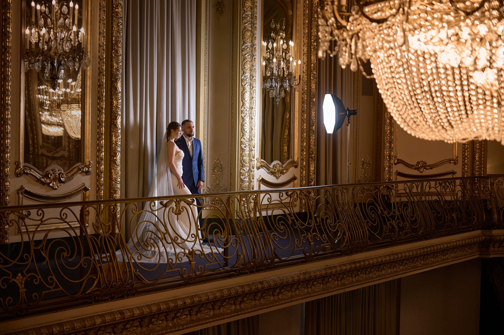 Behind the scenes with the FJ100 and Rapid Box Switch Octa-S lighting the couple from the balcony.
