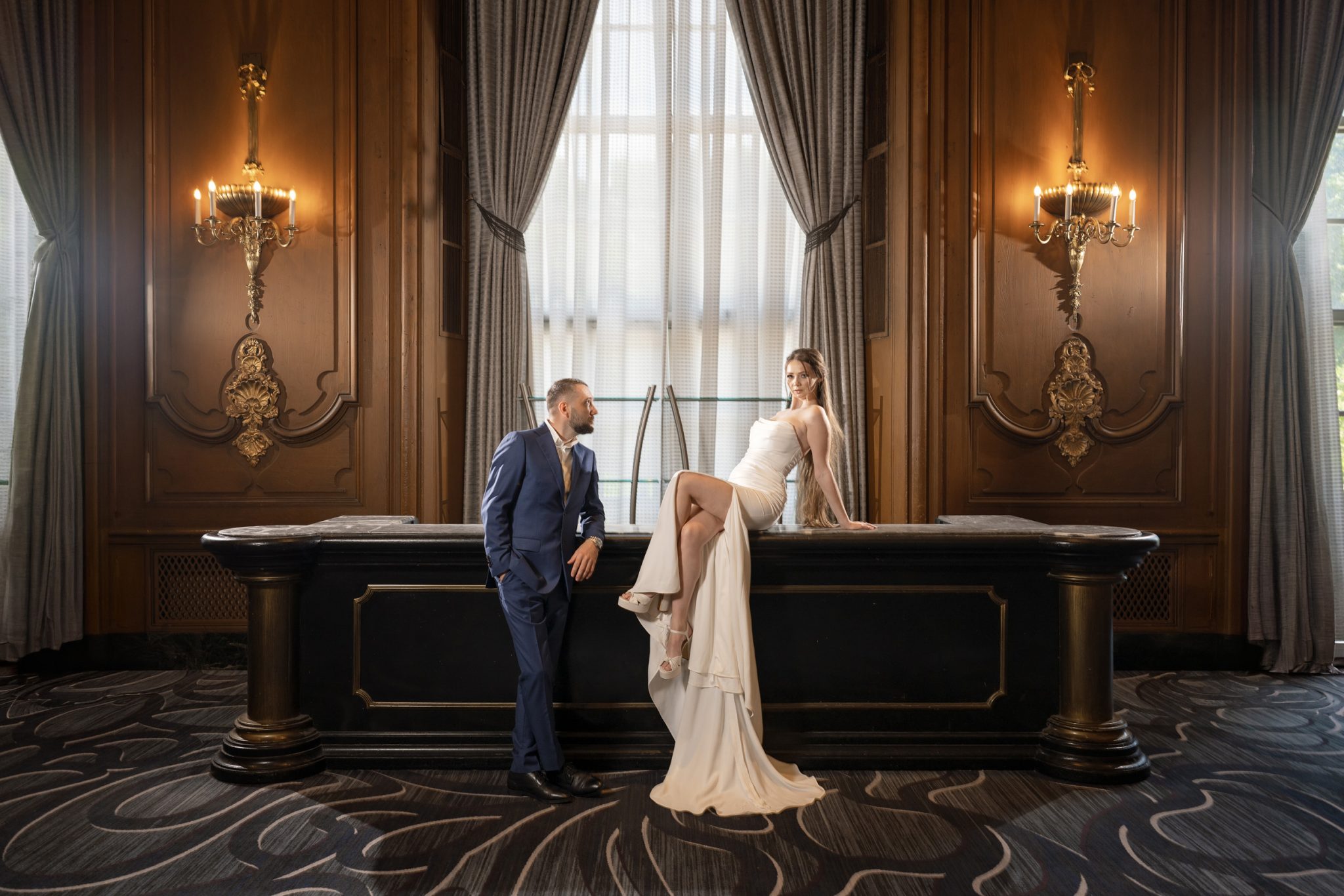 Three FJ100 strobes create rim light, separation, and clean light on the couple.