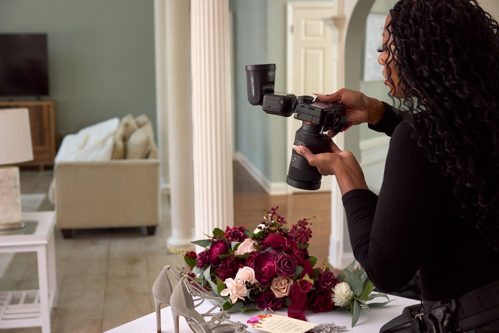 Behind the scenes using the FJ100 Speedlight for quick, creative wedding detail lighting.