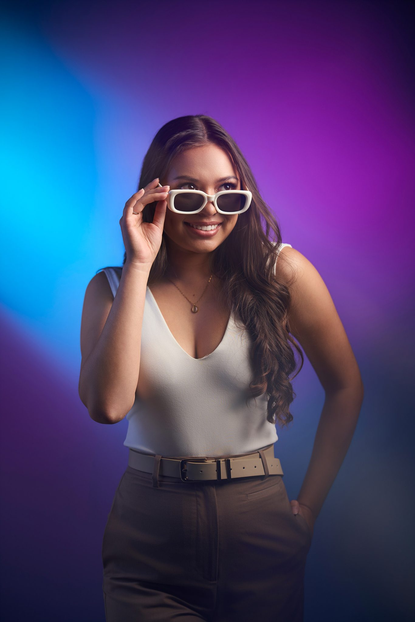 Portable strobes and gels create a vibrant portrait with clean detail and strong color.