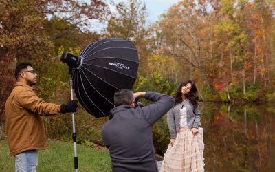 Behind the scenes outdoor portrait lighting setup of the Westcott FJ250 and 36-inch Beauty Dish placed to the side for loop lighting