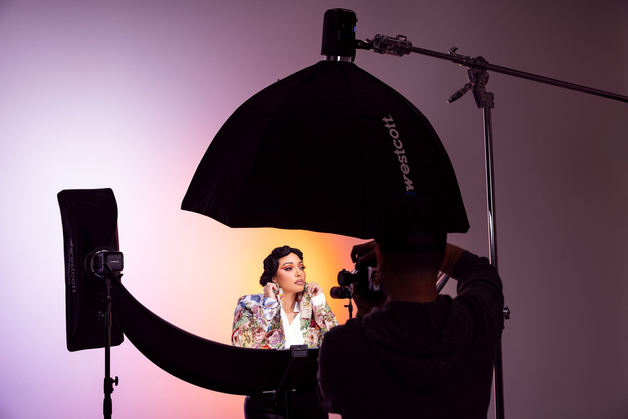 Behind the scenes with gelled background lights, an FJ250 key light, and Eyelighter 3 shaping the final image.