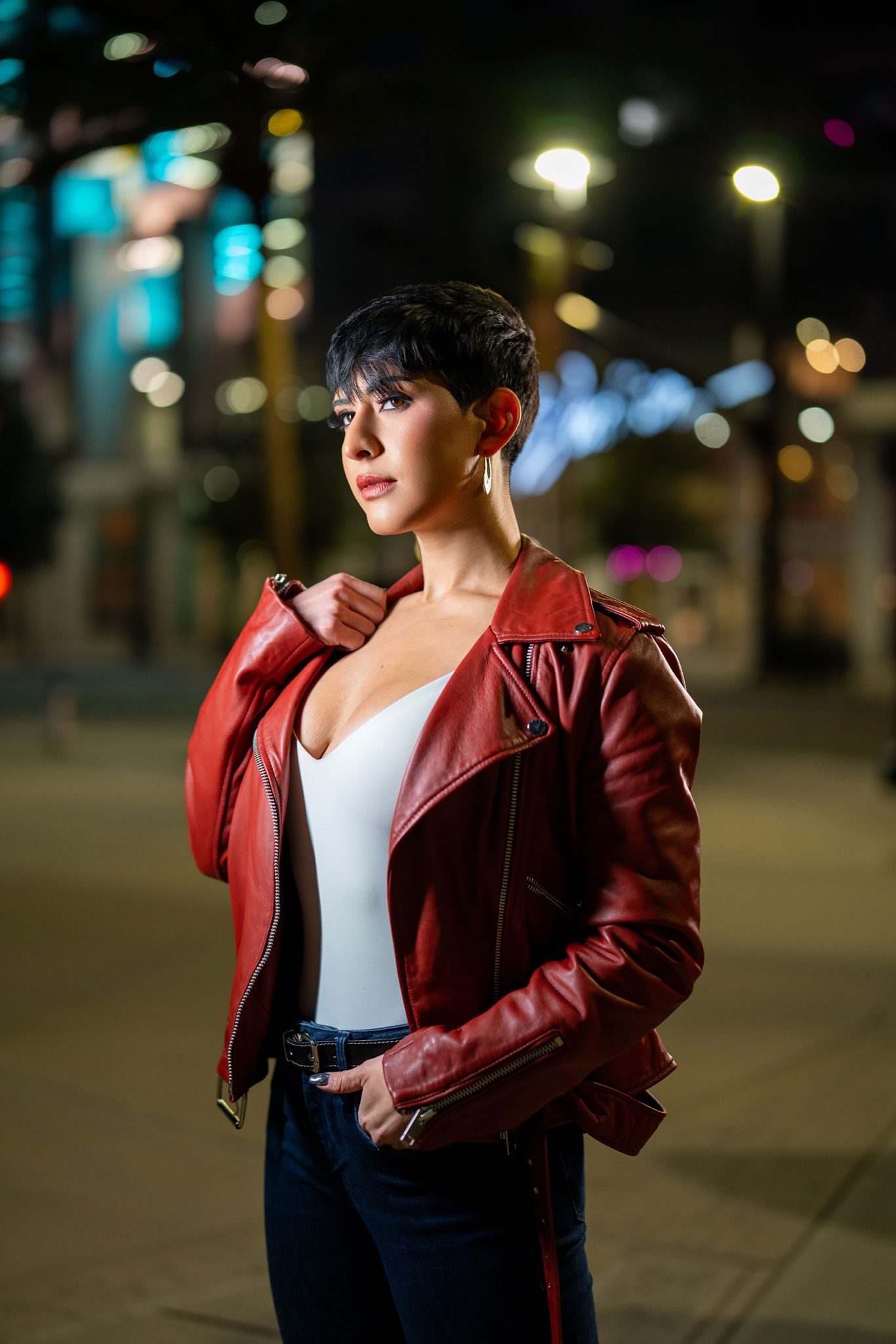 After: Nighttime portrait balanced with ambient streetlight and the Westcott Ice Light 3 for soft, natural fill.