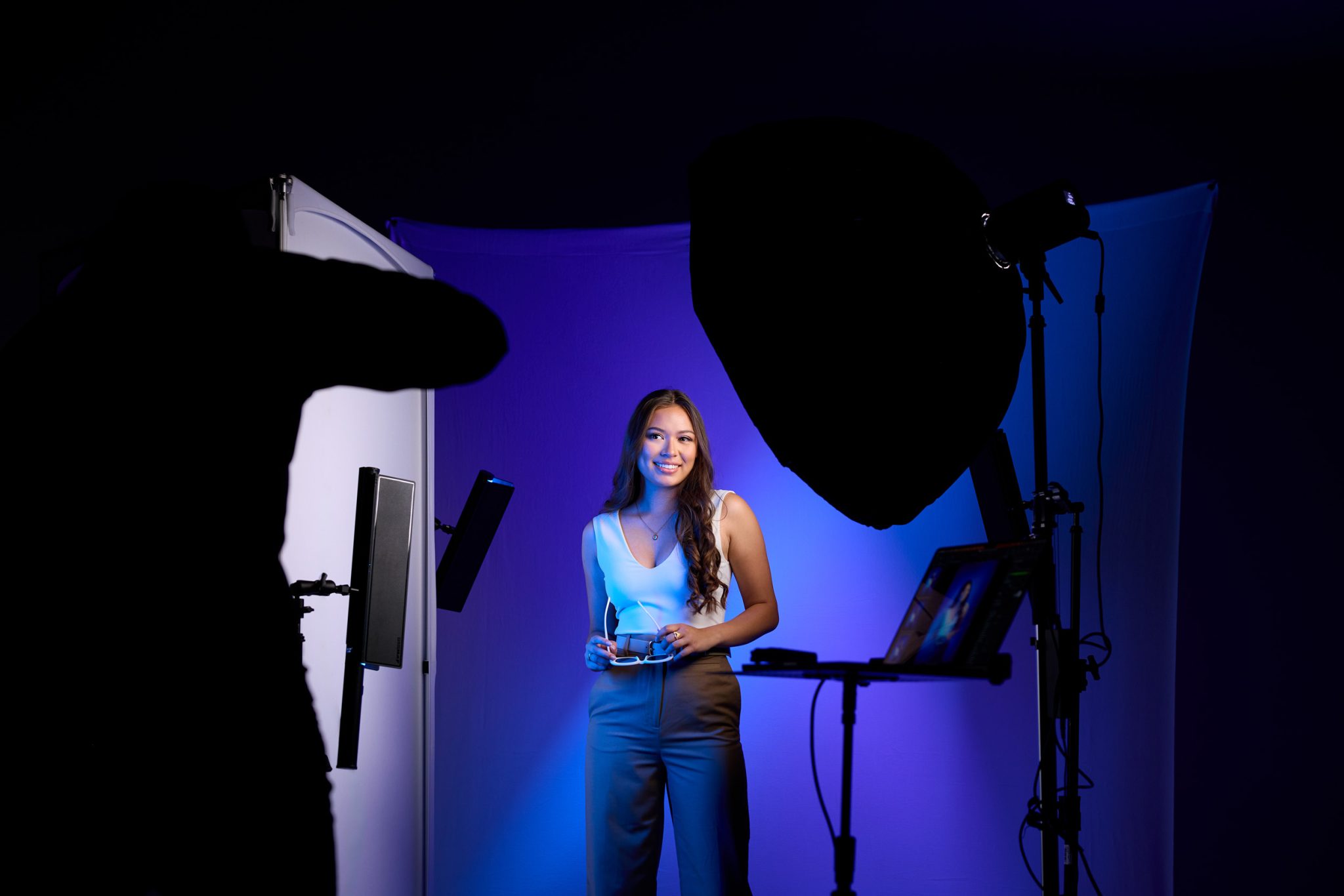 Behind the scenes with three Ice Light 3 RGB lights creating cool toned accents around the subject.
