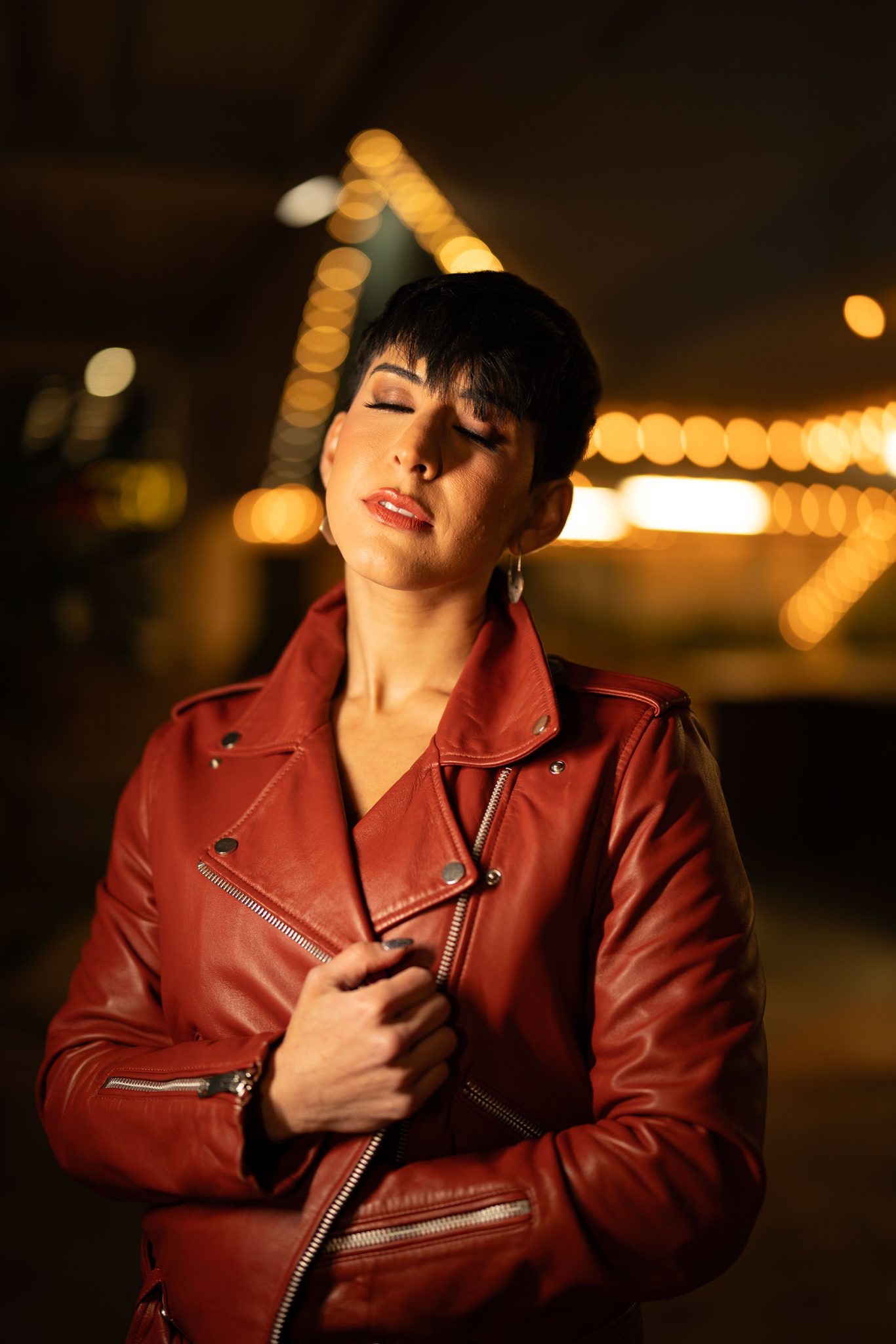 Ice Light 3 balanced with city lights to keep detail in the background while lighting the subject.