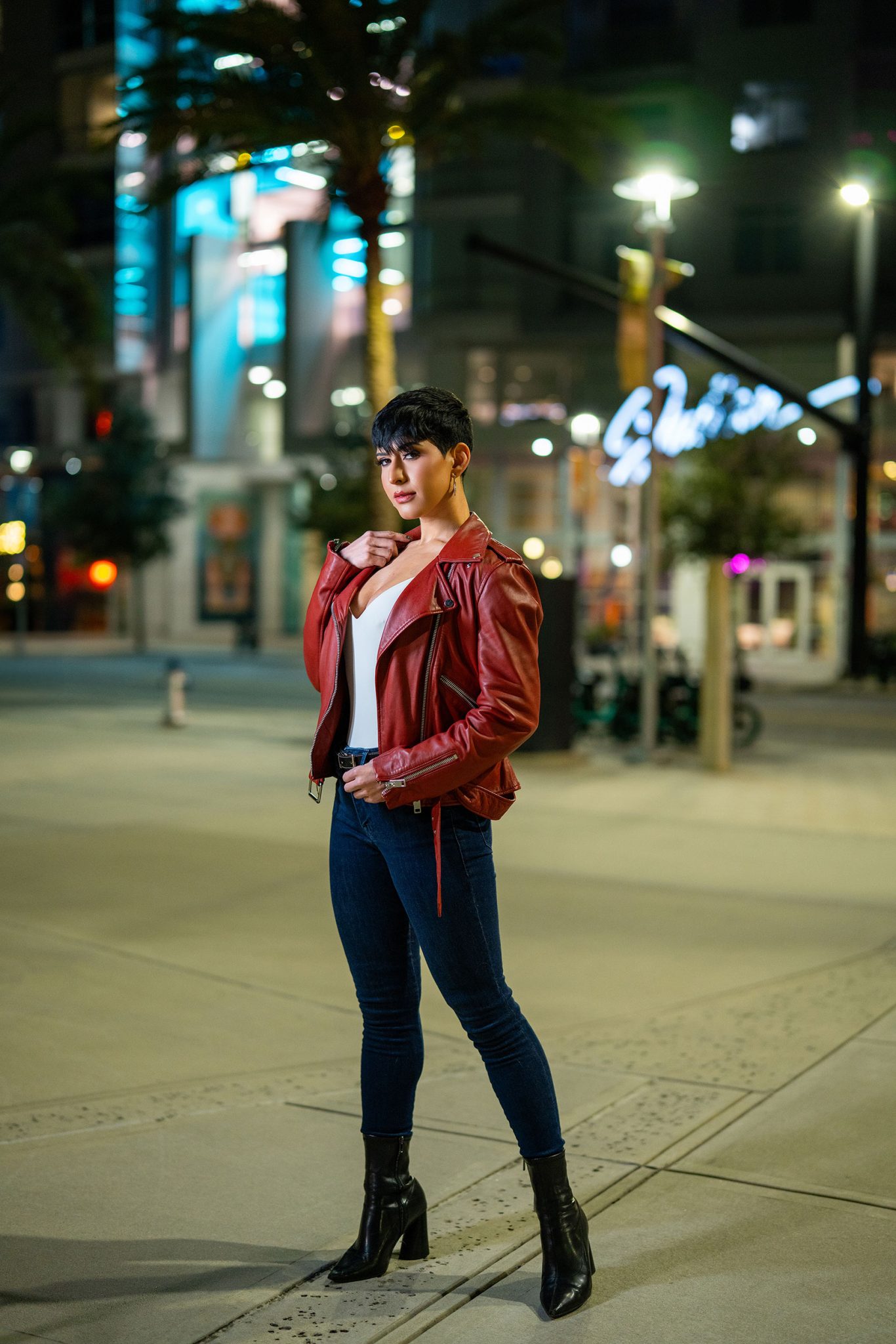 Night portrait using the Westcott Ice Light 3 to balance the glow of city streetlights.