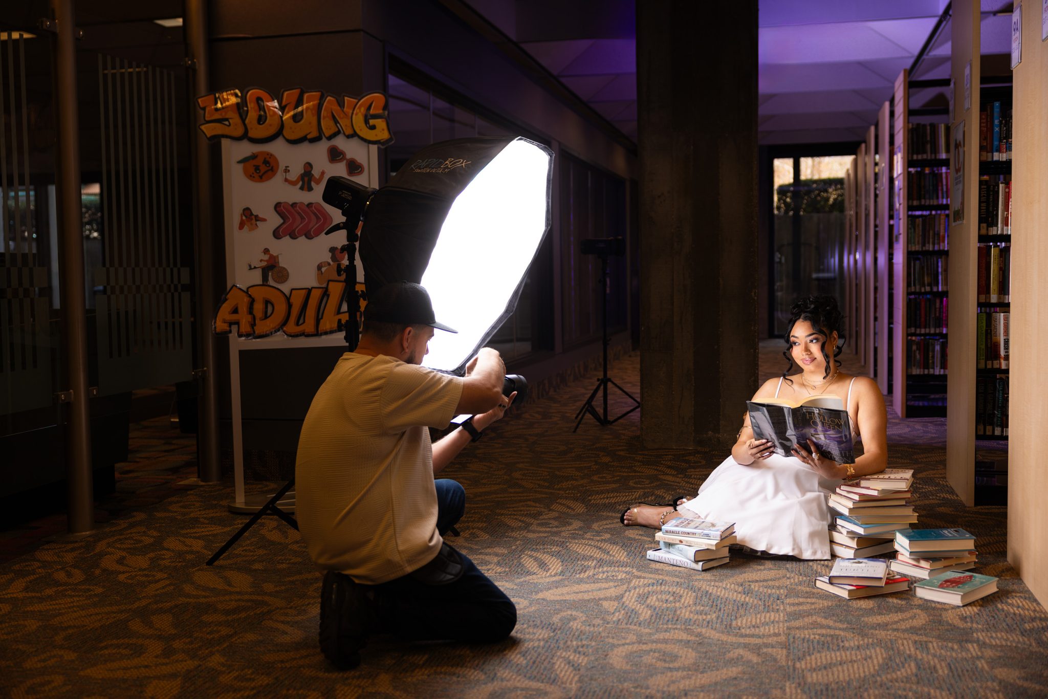 Behind the scenes of setup shows the multi light setup with hidden S18 mini flash.